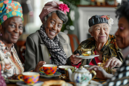 Group of people senior having a tea party in a retirement home.の素材