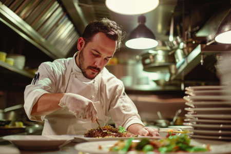 a professional chef preparing a gourmet meal in a restaurant kitchen, showing culinary skills and fine dining.の素材