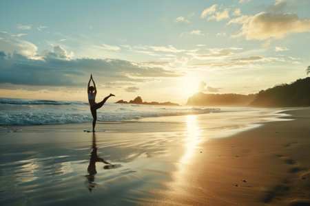 a person practicing yoga on a serene beach at sunrise, representing fitness and tranquility.の素材
