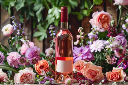 a rose wine bottle elegantly surrounded by a variety of flowers, creating a romantic and charming scene.の素材