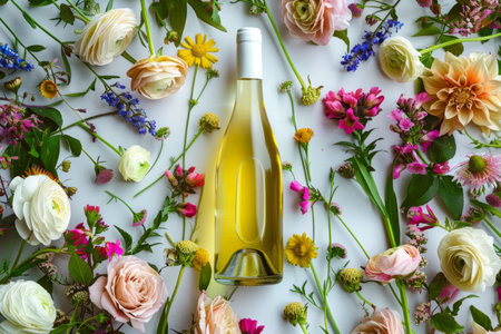 a white wine bottle surrounded by an assortment of flowers, creating a stunning visual composition that celebrates both the beverage and the beauty of nature.の素材