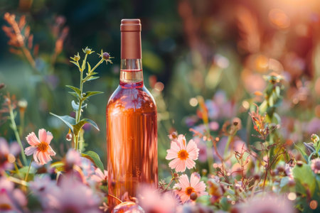 the allure of a rose wine bottle set among a backdrop of blossoming flowers, symbolizing the harmonious blend of wine and nature's bounty.の素材