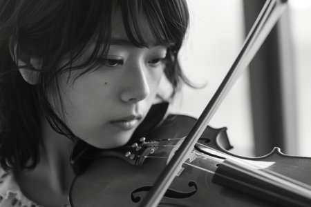 A young Japanese woman, practicing the violin at home. The romantic girl___s fingers expertly navigate the strings, illustrating her dedication and love for music as she learns in a serene and intimate setting.の素材