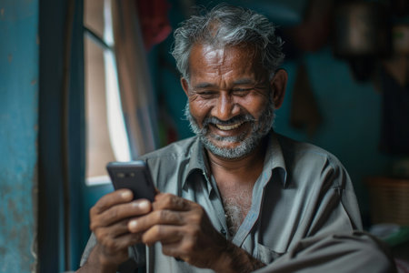 Portrait of a smiling Indian man using a smartphone at home, immersed in his digital world.の素材