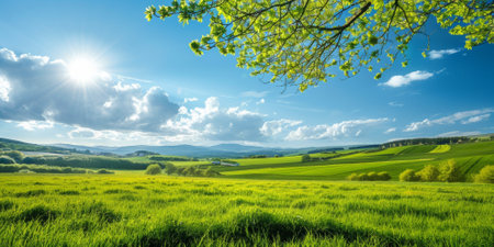 tranquil beauty of springtime nature in peaceful countryside landscape. Green grass, blue sky, white clouds, rolling hillsの素材