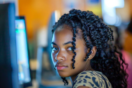 a young African American woman seated at a computer screen in a classroom, fully engaged in her studies, showcasing dedication and concentration in an educational setting.の素材