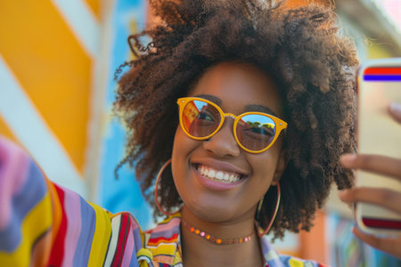 a young smiling Black woman capturing a selfie in 1980's style attire, radiating happiness and vintage flair with a touch of cultural identity.の素材