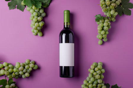 a wine bottle with a pristine white label, resting on a flat surface, elegantly encircled by bunches of grapes spaced apart, set against a smooth and clean purple background. The minimalist composition exudes advertising inspiration and commercial imagery, with a crude label design adding to the allure. Perfect for advertising posters and centered compositions.の素材
