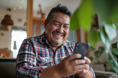 a smiling Hispanic man using a smartphone at home, capturing a moment of joy.の素材