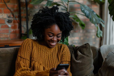 a smiling African American woman using a smartphone at home, reflecting contentment and ease.の素材