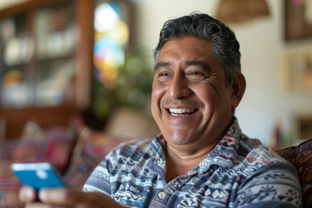 Portrait of a smiling Latino man using his smartphone at home, capturing a moment of happiness and relaxation.の素材