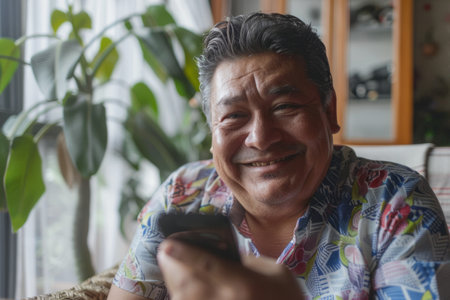 Portrait of a smiling Latino man using his smartphone at home, capturing a moment of happiness and relaxation.の素材