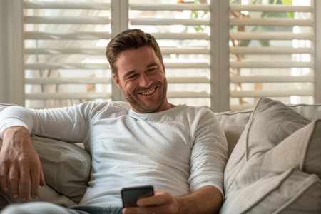 Portrait of a smiling Caucasian man using a smartphone at home, enjoying a relaxed moment.の素材