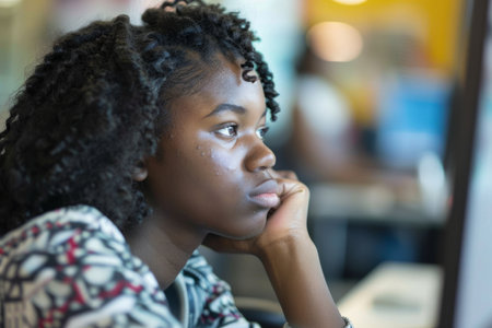 a young Black woman sitting at a computer screen in a classroom, absorbed in her studies, demonstrating diligence and commitment to learning.の素材