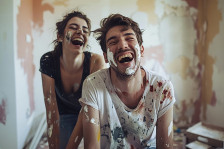 a young couple renovating their first home together, painting walls and laughing amidst the messの素材