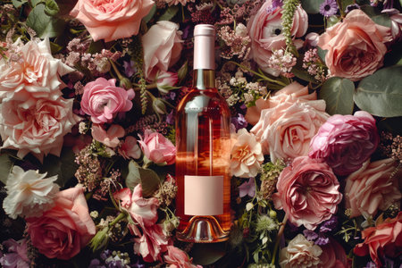 a rose wine bottle elegantly surrounded by a variety of flowers, creating a romantic and charming scene.の素材