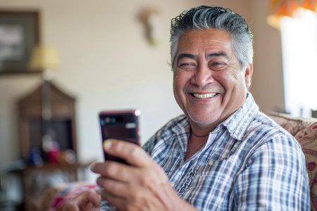 a smiling Hispanic man using a smartphone at home, capturing a moment of joy.の素材