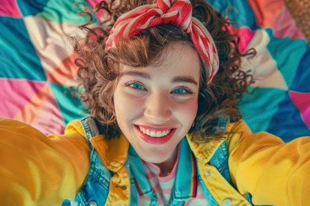 a young smiling Caucasian woman capturing a selfie in 1980's attire, showcasing classic retro style and youthful exuberance in a playful and charming scene.の素材
