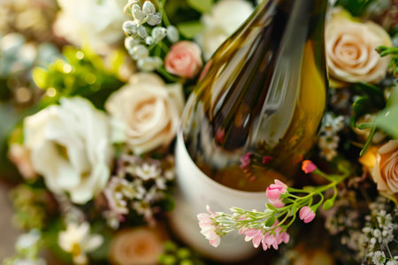 a white wine bottle delicately surrounded by a bouquet of flowers, exuding an air of elegance and refinement.の素材