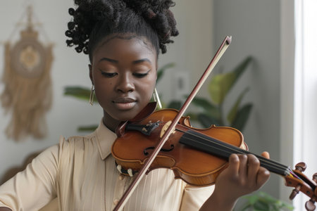 A young African American woman learning to play the violin at home. The romantic girl holds the violin gracefully, her fingers delicately positioned on the strings, capturing the essence of passion and dedication as she practices her music in a cozy setting.の素材