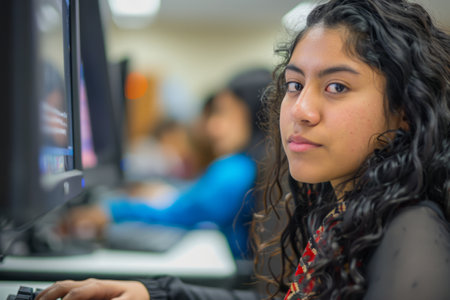 a young Latino woman immersed in her studies, seated at a computer screen in a classroom, exemplifying diligence and commitment to learning.の素材