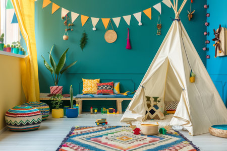 an imaginative Indian children's playroom with a tent and toys. Lively and colorful space for kids to enjoyの素材