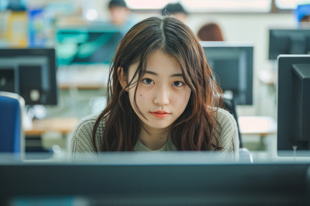 a young Japanese woman absorbed in her studies, seated at a computer screen in a classroom, demonstrating attentiveness and focus in her academic pursuits.の素材