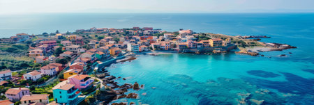 a drone view of a coastal town with colorful houses, winding streets, and clear blue waterの素材