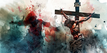 Jesus Christ on the cross with red and blue paint splashes.の素材