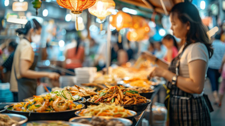 a bustling urban food market with vendors selling international cuisines and customers enjoying the atmosphereの素材