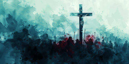 Jesus Christ crucified on the cross in front of a crowd of people.の素材