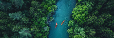 a drone view of a river winding through a dense forest with kayakers exploringの素材