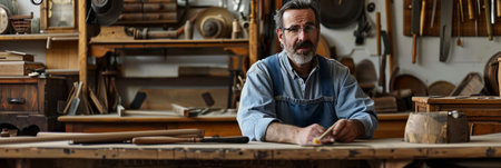 a craftsman restoring antique furniture in a well-equipped workshopの素材