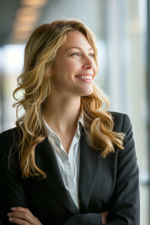 a Caucasian businesswoman radiating confidence and happiness in her portrait, aligned with her firm's vision of excellence and success.の素材