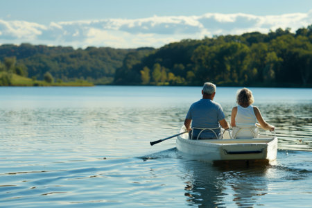 a couple enjoying a paddleboat ride on a tranquil lake, with scenic views and relaxed expressions, promoting leisure activities and romance.の素材