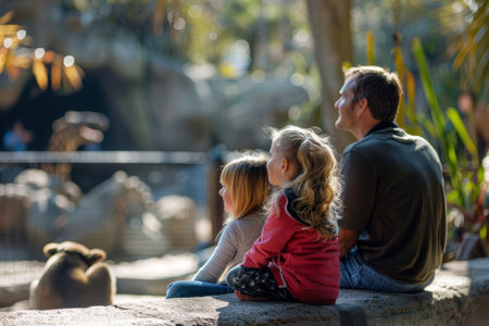 a family enjoying a sunny day at the zoo, with animals, happy children, and engaging exhibits, highlighting educational outings and family fun.の素材