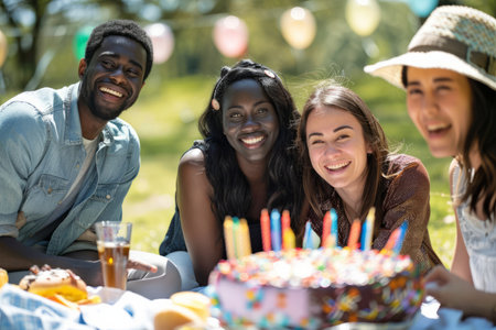 a multicultural group of friends celebrating a birthday with a picnic in a sunny parkの素材