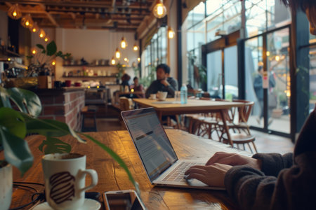 a person using a laptop in a stylish coworking space, with a cup of coffee and creative surroundings, highlighting modern work environments.の素材