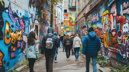 a street art tour with people admiring murals and graffitiの素材