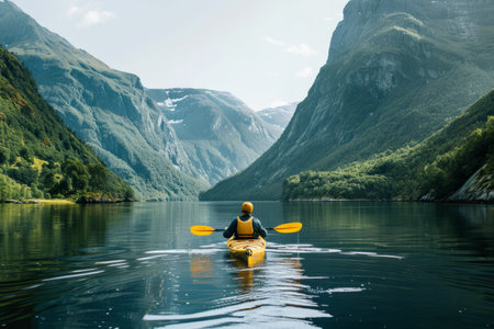 a person kayaking on a calm lake, with scenic mountains and serene waters, promoting adventure and connection with nature.の素材