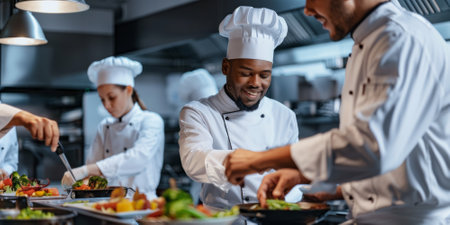 a multicultural group of chefs preparing gourmet dishes in a professional kitchenの素材