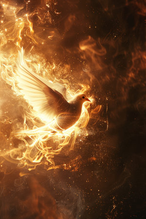 Depiction of the New Testament Holy Spirit as a winged dove engulfed in flames, providing a blank area for text or other elements.の素材