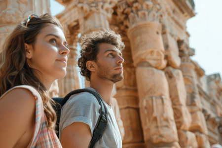 a young couple exploring a historical city, with ancient architecture, informative guides, and engaged expressions, highlighting educational travel and adventure.の素材