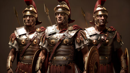 Photorealistic representation of Roman soldiers equipped with armor. Biblical figure. Historical figure.の素材
