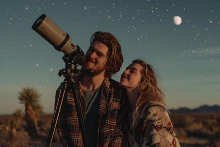 a young couple stargazing with a telescope in a dark, clear sky area, highlighting romance and interest in astronomy.の素材