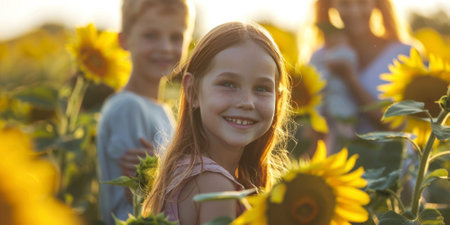Cute little girl in sunflower field with her family at sunsetの素材