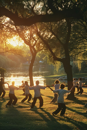 a group of people doing tai chi in a tranquil parkの素材
