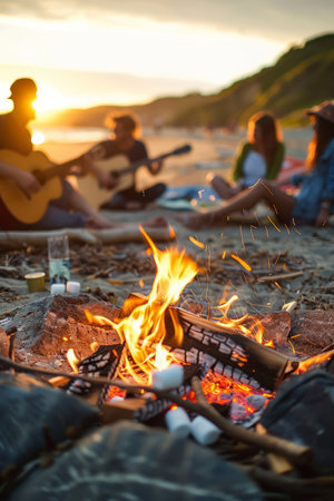 a group of friends enjoying a summer evening by a campfire on a beach, with guitars and marshmallowsの素材