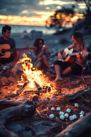 a group of friends enjoying a summer evening by a campfire on a beach, with guitars and marshmallowsの素材
