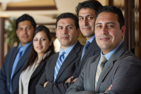 a Hispanic business team posing for a portrait, exuding pride, confidence, and motivation, illustrating the effectiveness of teamwork.の素材